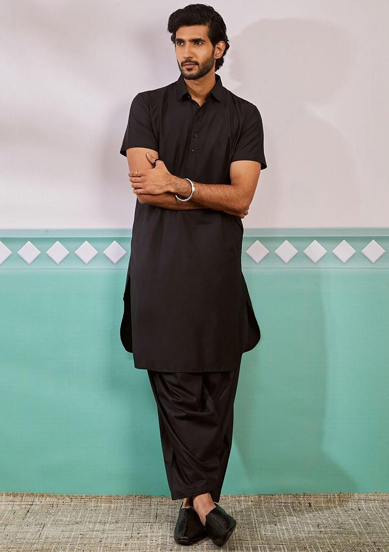 Black Embellished Pathani Kurta For Men