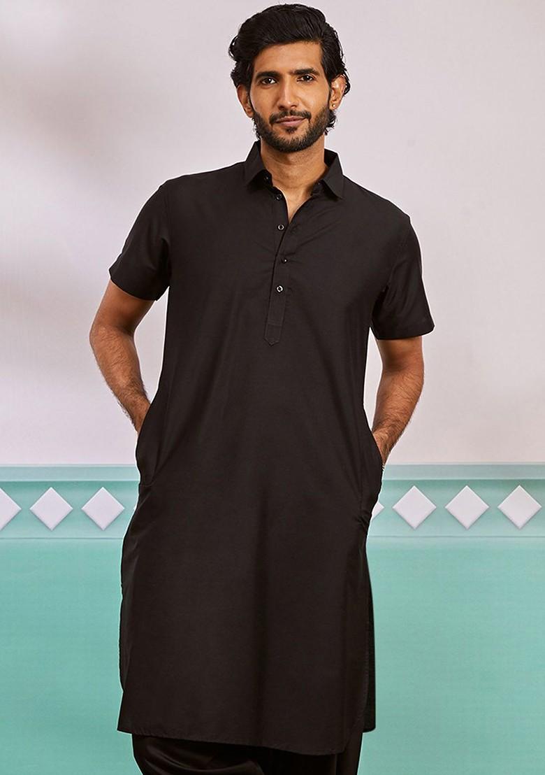 Black Embellished Pathani Kurta For Men