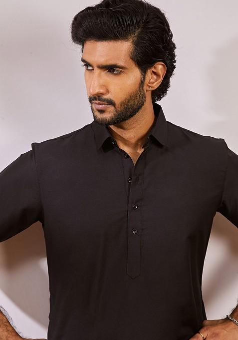 Black Embellished Pathani Kurta For Men