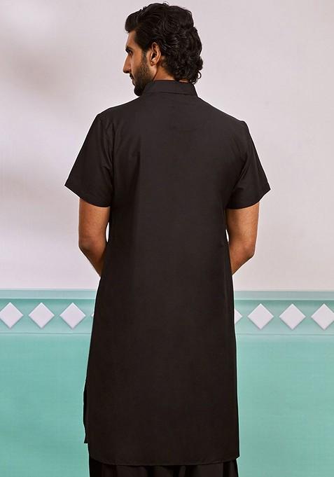 Black Embellished Pathani Kurta For Men