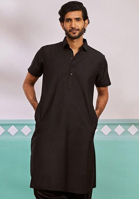 Black Embellished Pathani Kurta For Men