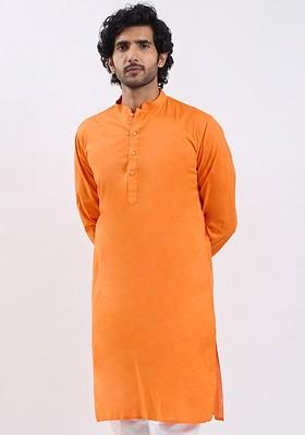 Orange Solid Cotton Kurta For Men