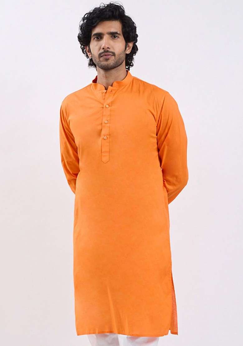 Orange Solid Cotton Kurta For Men - Indya