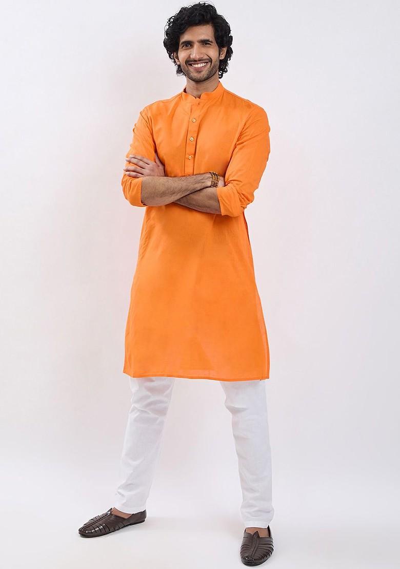 Orange Solid Cotton Kurta For Men