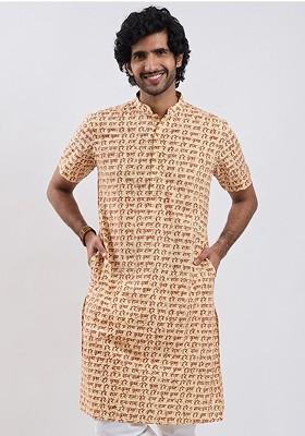 Cream Printed Cotton Kurta For Men