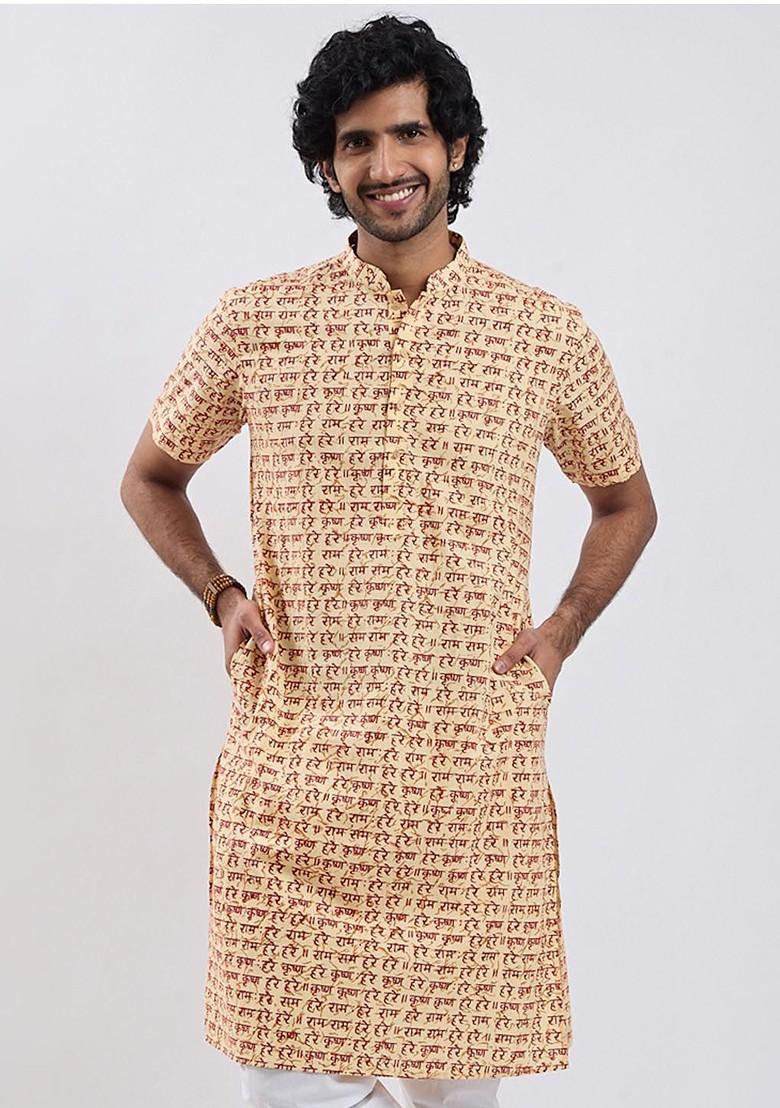 Cream Printed Cotton Kurta For Men