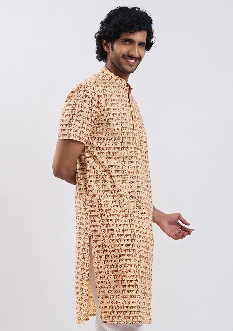Cream Printed Cotton Kurta For Men