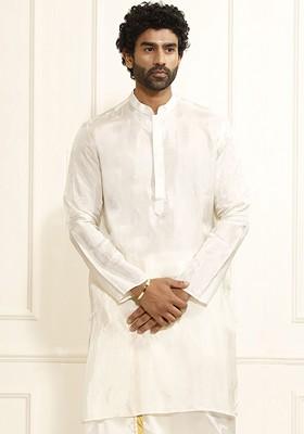 Cream Solid Poly Blend Kurta For Men
