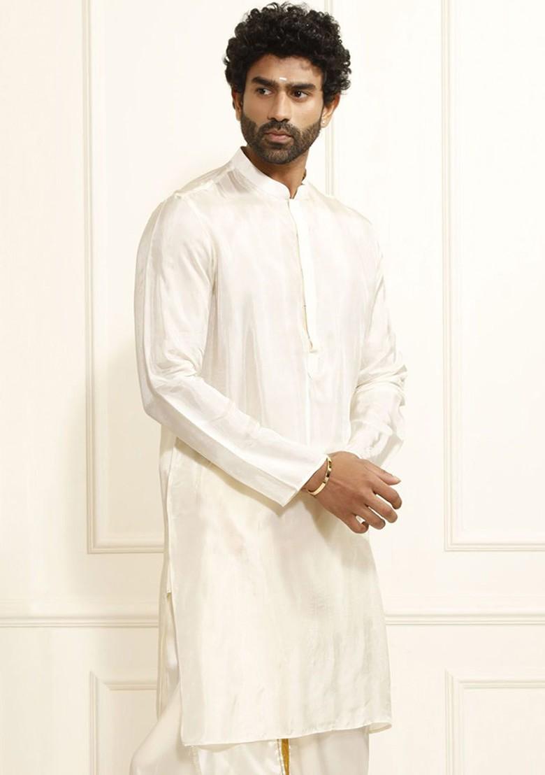 Cream Solid Poly Blend Kurta For Men
