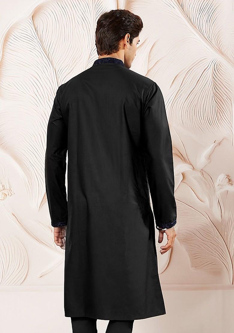Black Thread Work Poly Blend Kurta For Men