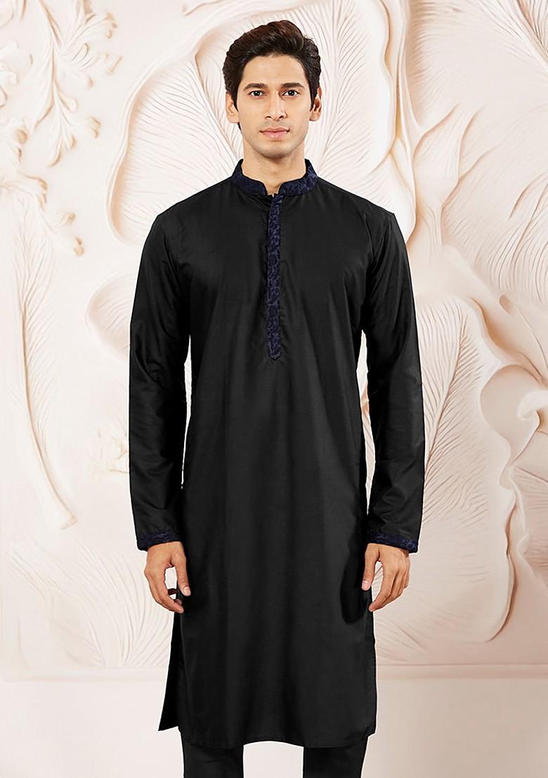 Black Thread Work Poly Blend Kurta For Men