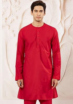 Red Solid Poly Blend Kurta For Men