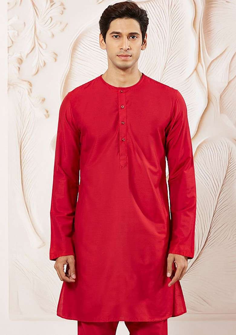 Red Solid Poly Blend Kurta For Men - Indya