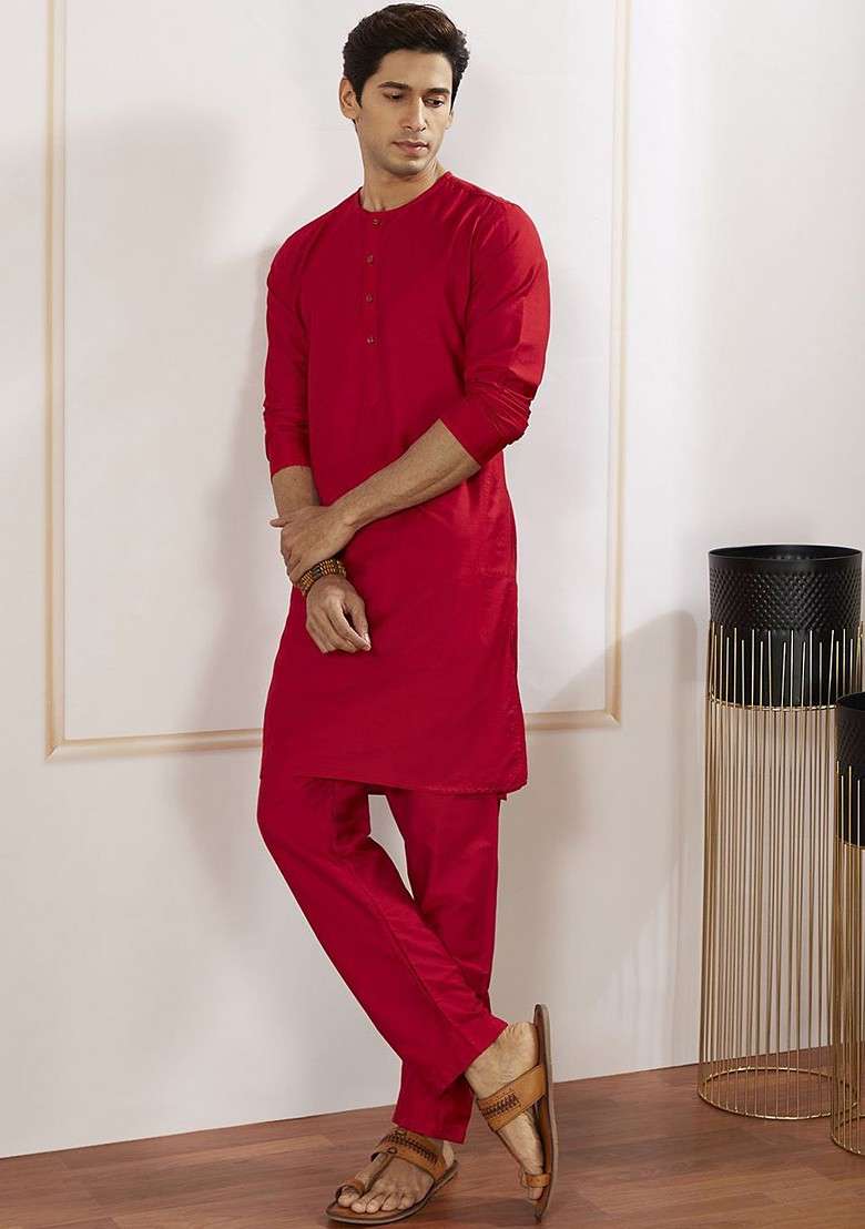 Red Solid Poly Blend Kurta For Men - Indya