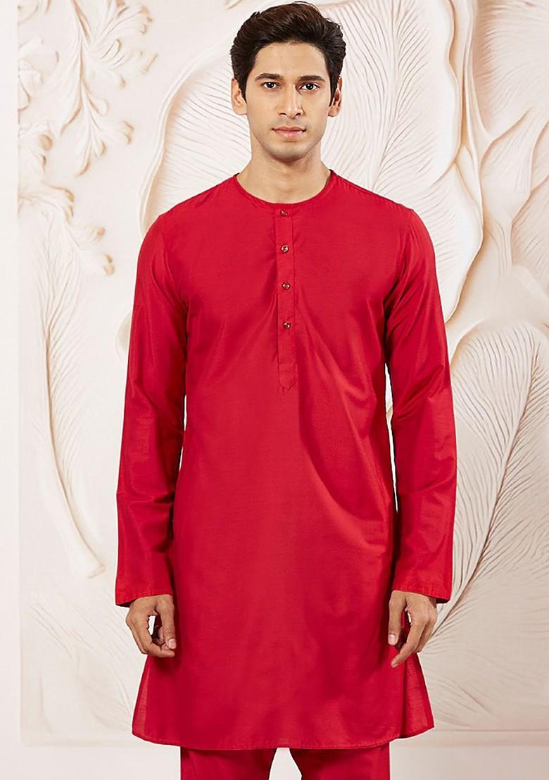 Red Solid Poly Blend Kurta For Men