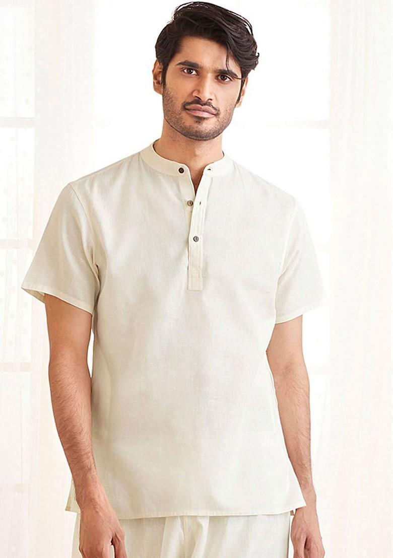 White Solid Cotton Kurta For Men
