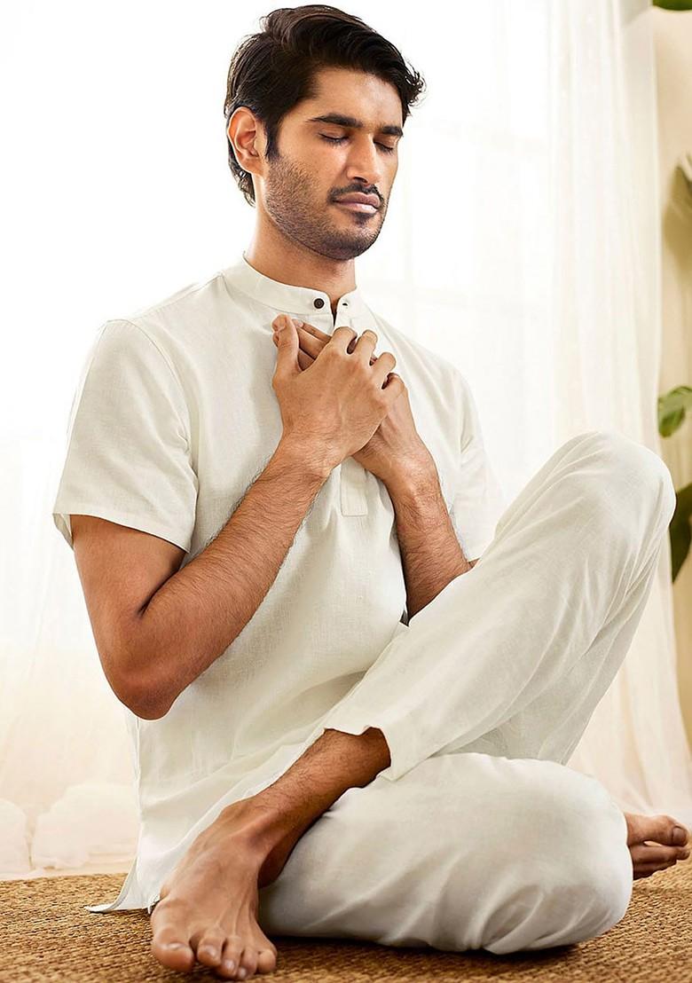 White Solid Cotton Kurta For Men