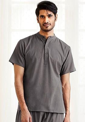 Grey Solid Cotton Kurta For Men