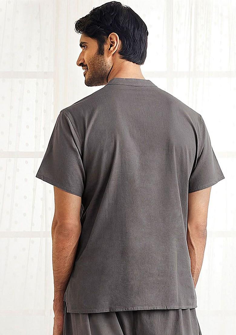 Grey Solid Cotton Kurta For Men