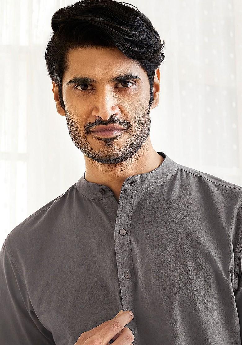 Grey Solid Cotton Kurta For Men