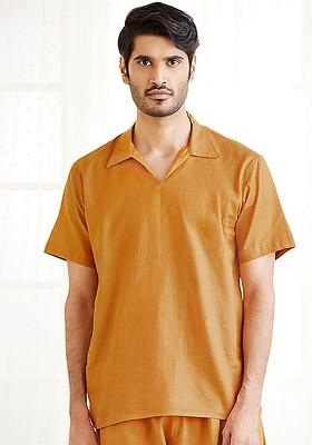 Orange Solid Cotton Kurta For Men