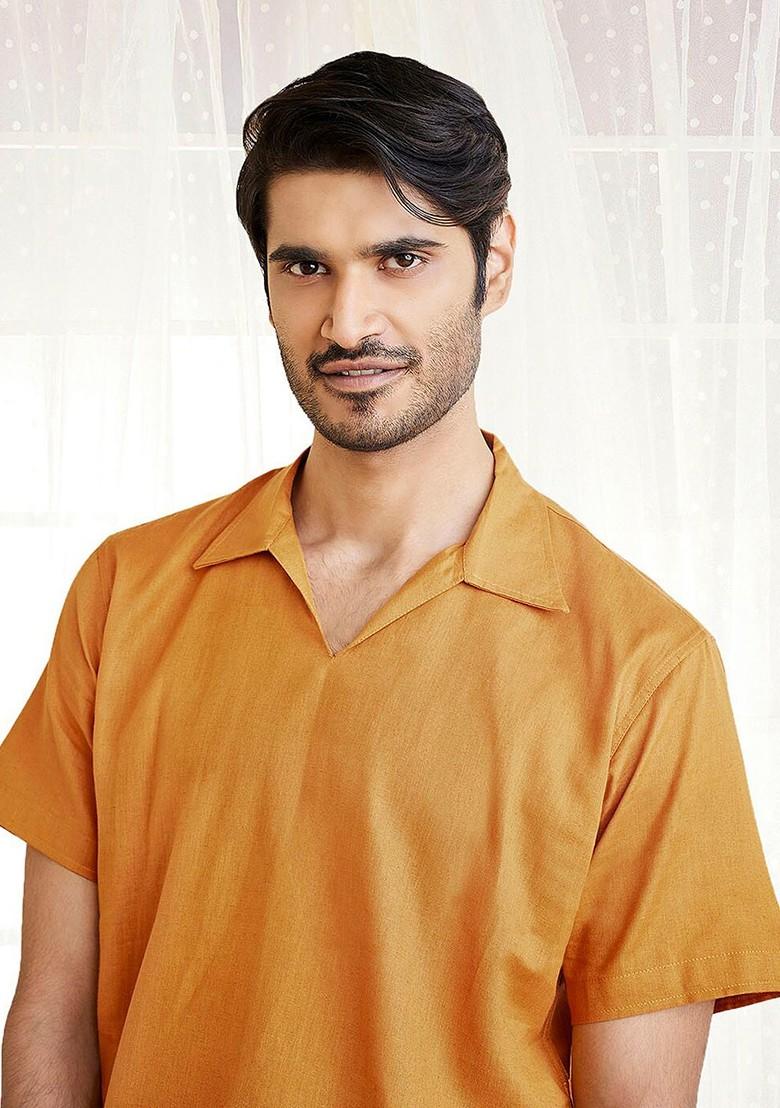 Orange Solid Cotton Kurta For Men