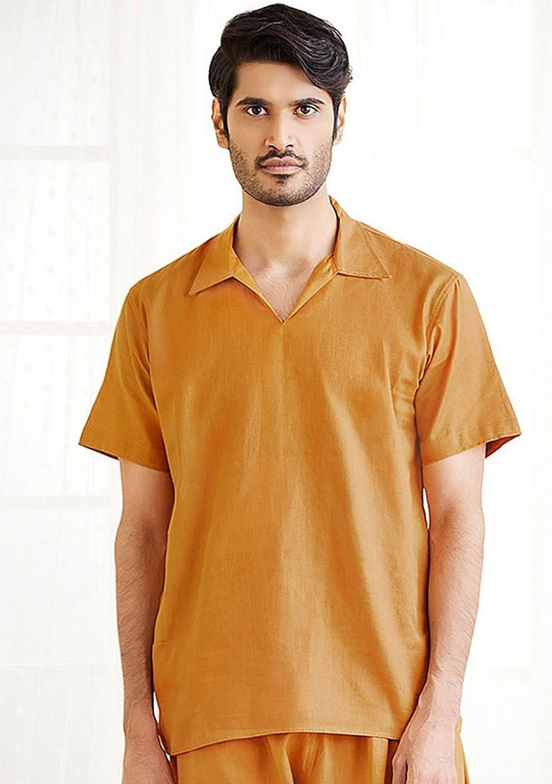 Orange Solid Cotton Kurta For Men
