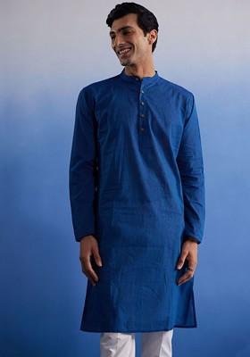 Blue Solid Cotton Kurta For Men