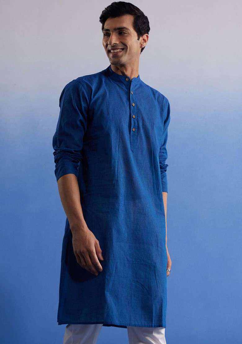 Blue Solid Cotton Kurta For Men - Indya