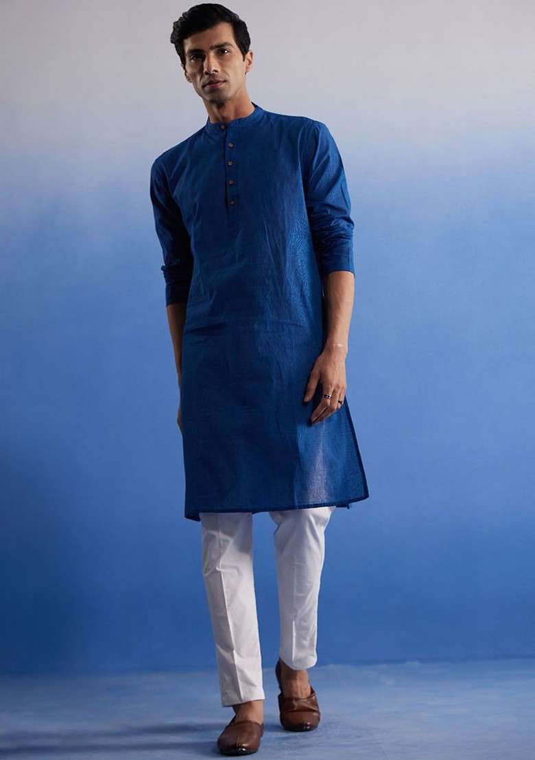 Blue Solid Cotton Kurta For Men - Indya