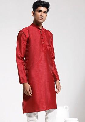 Maroon Solid Poly Blend Kurta For Men