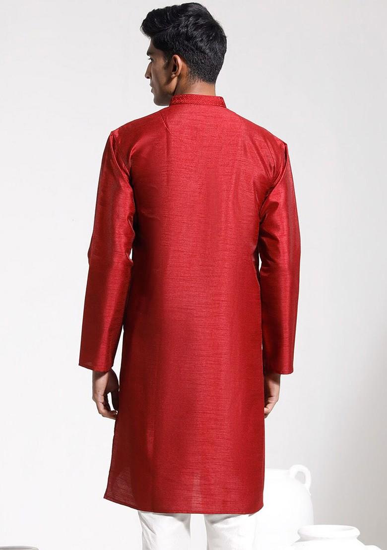 Maroon Solid Poly Blend Kurta For Men