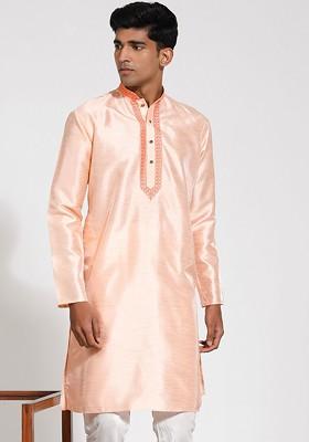 Peach Solid Poly Blend Kurta For Men