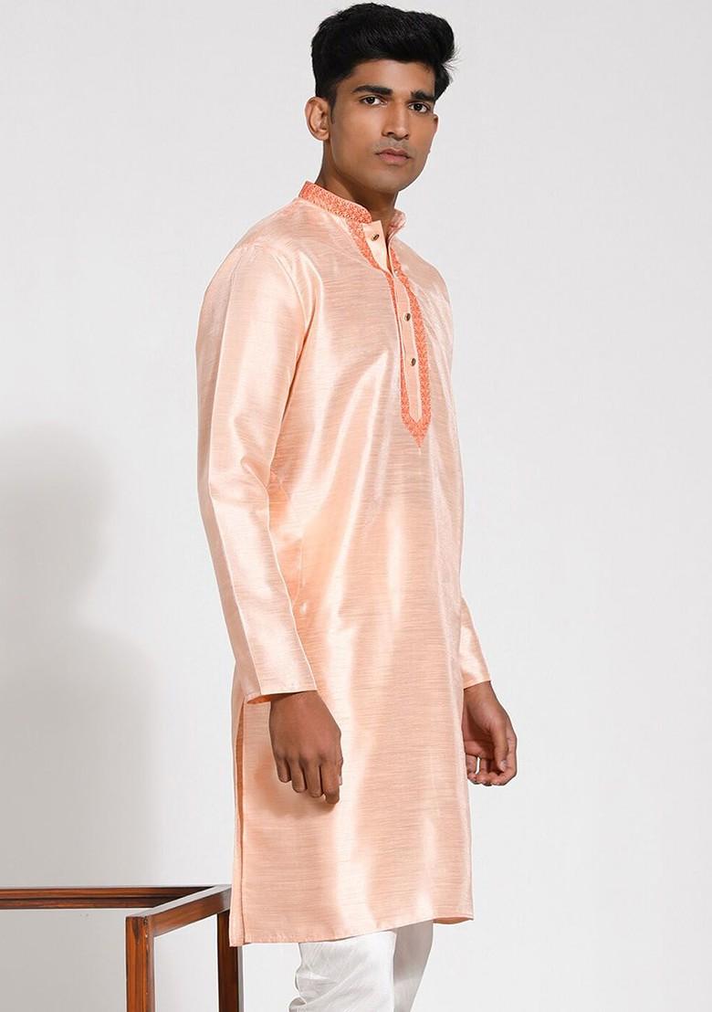 Peach Solid Poly Blend Kurta For Men