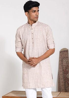Beige Geometric Print Cotton Kurta For Men