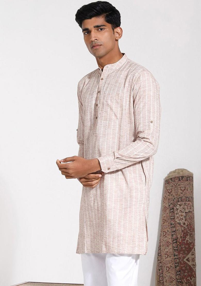 Beige Geometric Print Cotton Kurta For Men