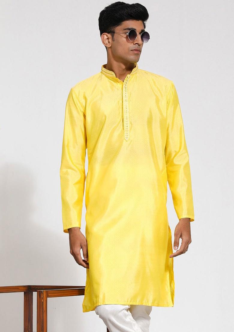 Yellow Thread Work Jacquard Kurta For Men