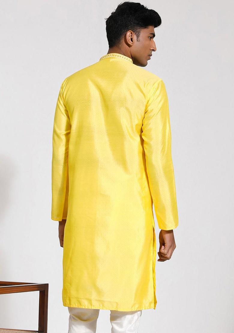 Yellow Thread Work Jacquard Kurta For Men