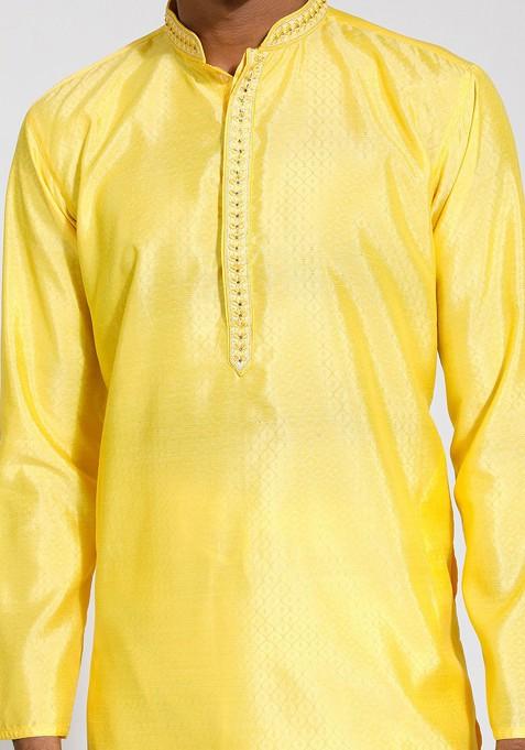 Yellow Thread Work Jacquard Kurta For Men