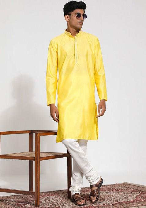 Yellow Thread Work Jacquard Kurta For Men