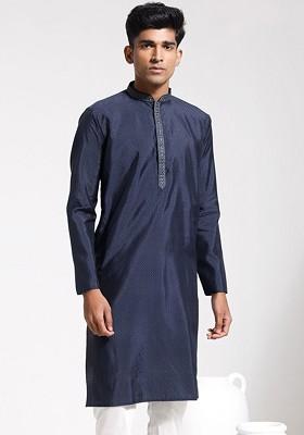 Navy Blue Solid Jacquard Kurta For Men