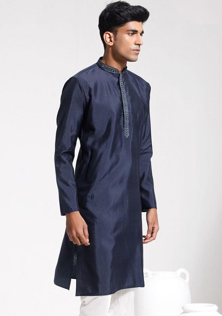 Navy Blue Solid Jacquard Kurta For Men