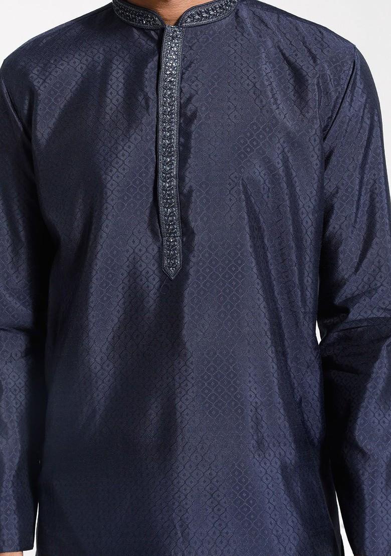 Navy Blue Solid Jacquard Kurta For Men