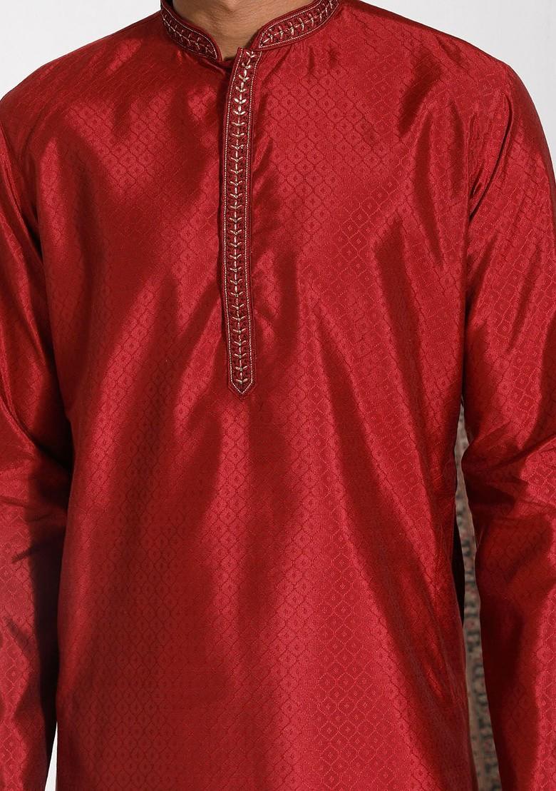 Maroon Solid Jacquard Kurta For Men