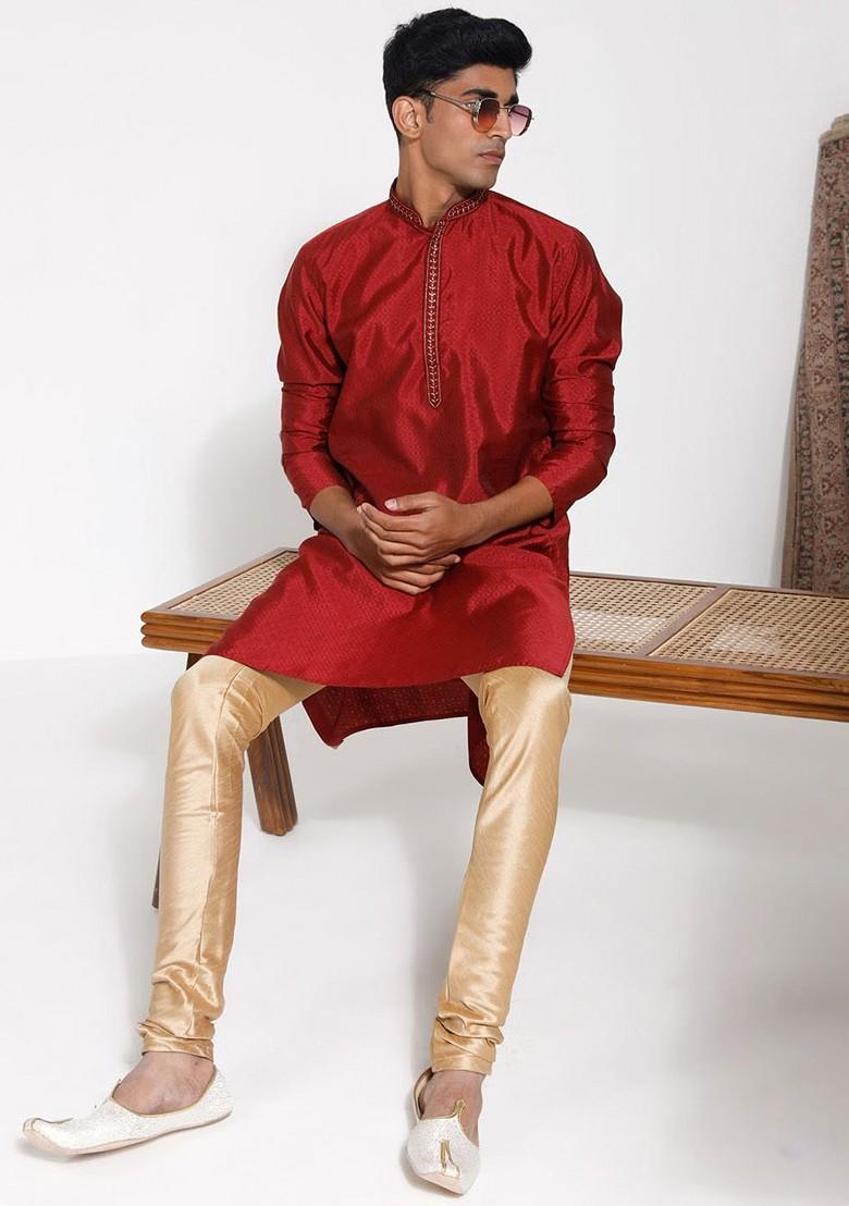 Maroon Solid Jacquard Kurta For Men