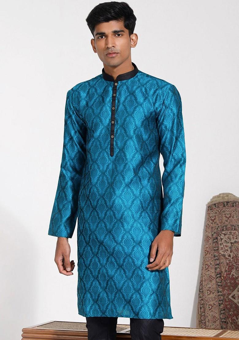 Turquoise Blue Geometric Print Silk Kurta For Men