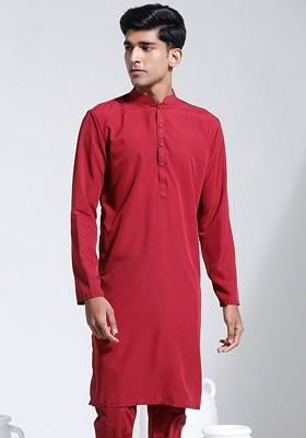 Maroon Solid Poly Blend Kurta For Men
