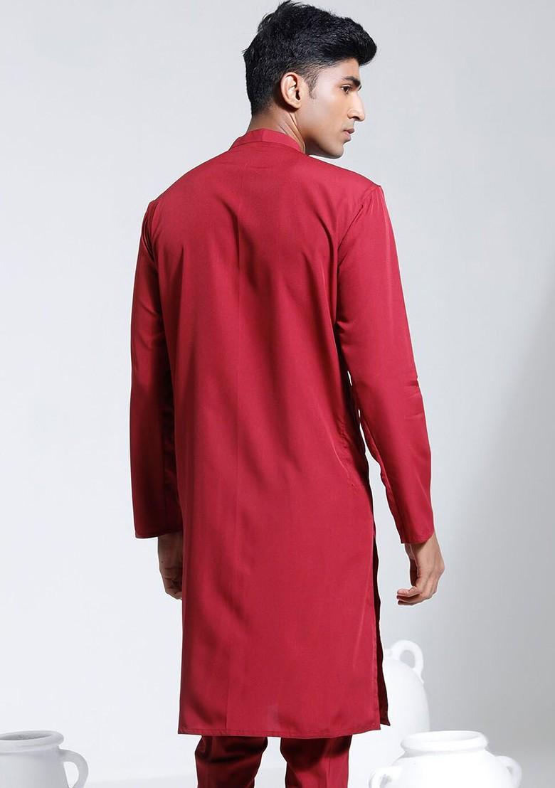 Maroon Solid Poly Blend Kurta For Men