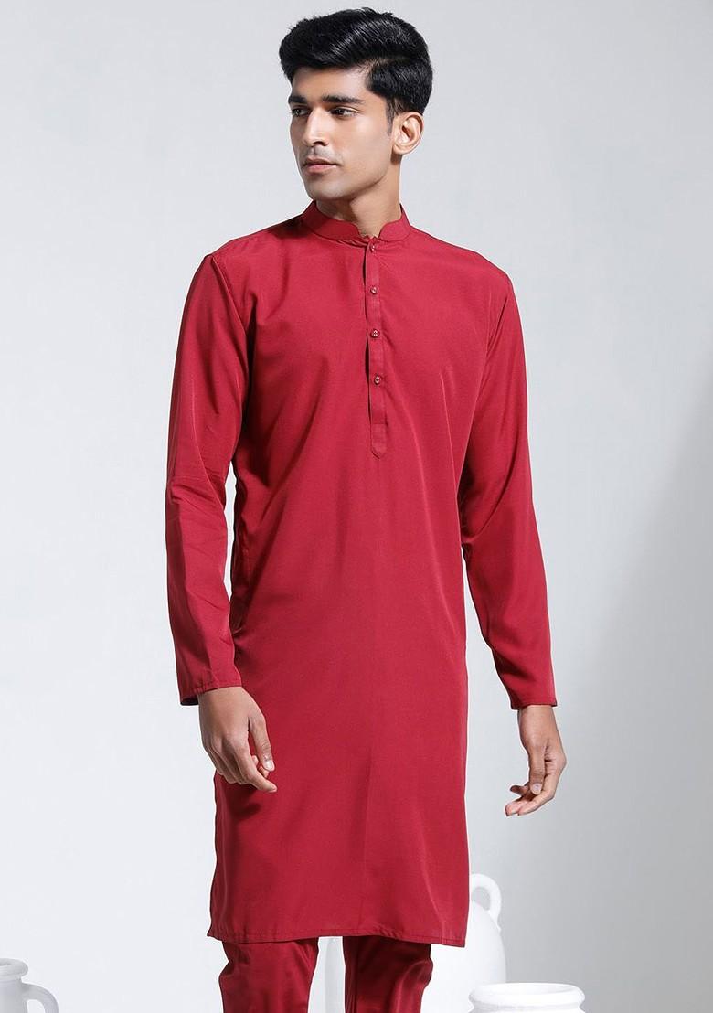 Maroon Solid Poly Blend Kurta For Men