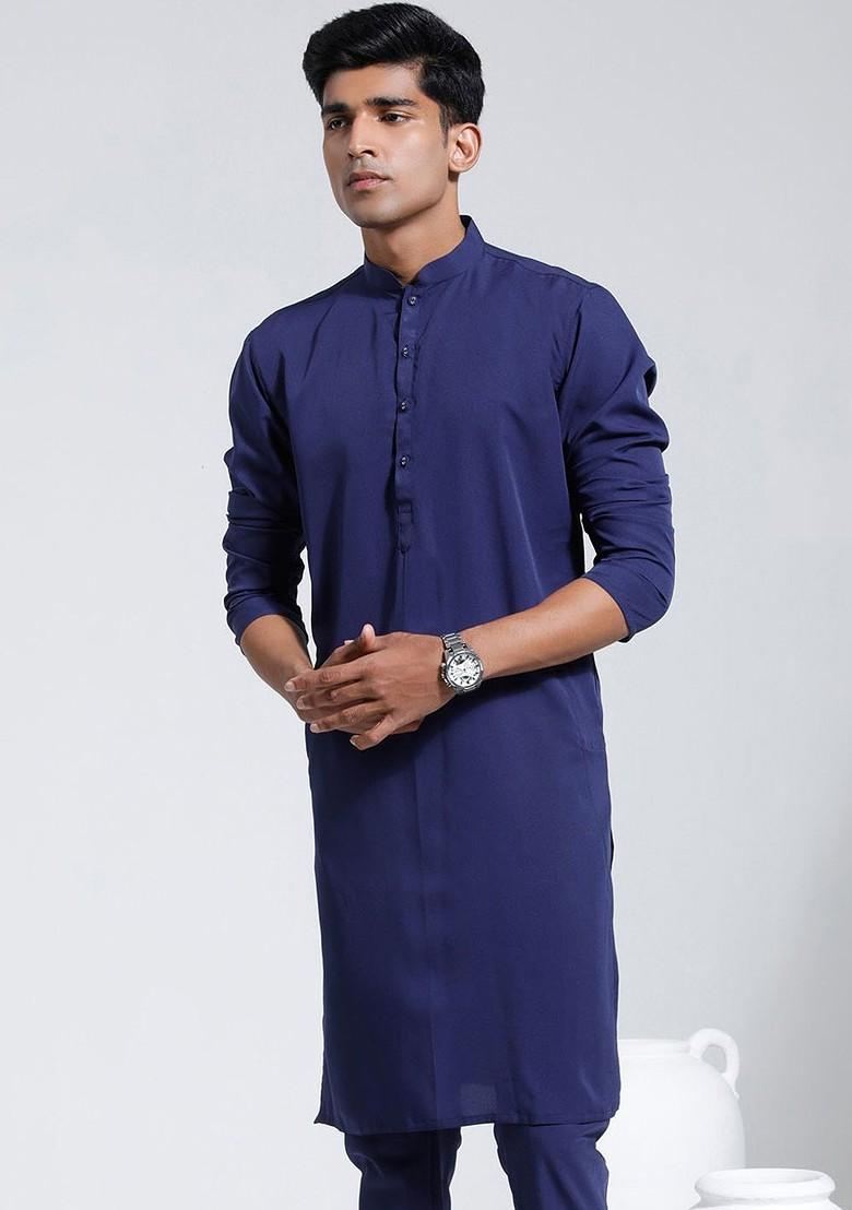 Navy Blue Solid Crepe Kurta For Men